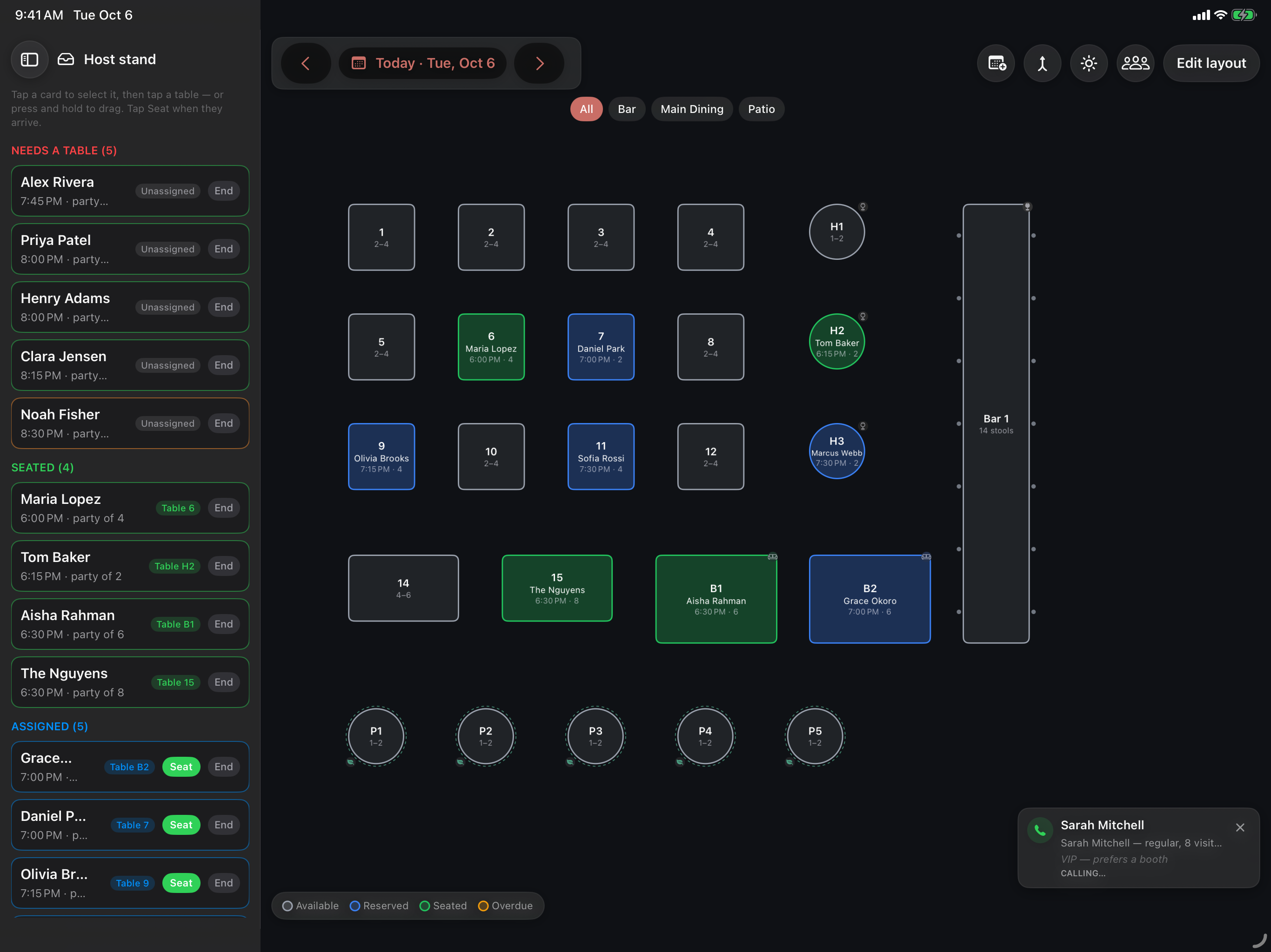 Maddie's floor plan on an iPad with an incoming call card for a returning VIP guest, Sarah Mitchell — a regular with 8 visits — appearing on the host stand